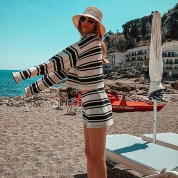 Zara 2 Piece Rustic Cropped Sweaters + Shorts Set Ecru Black Blogger Fav Medium - Picture 1 of 15